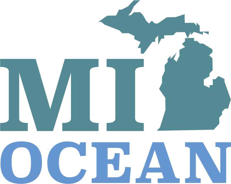 The MI-OCEAN logo. Outline of the state of Michigan and the letters M, I, O, C, E, A, N.