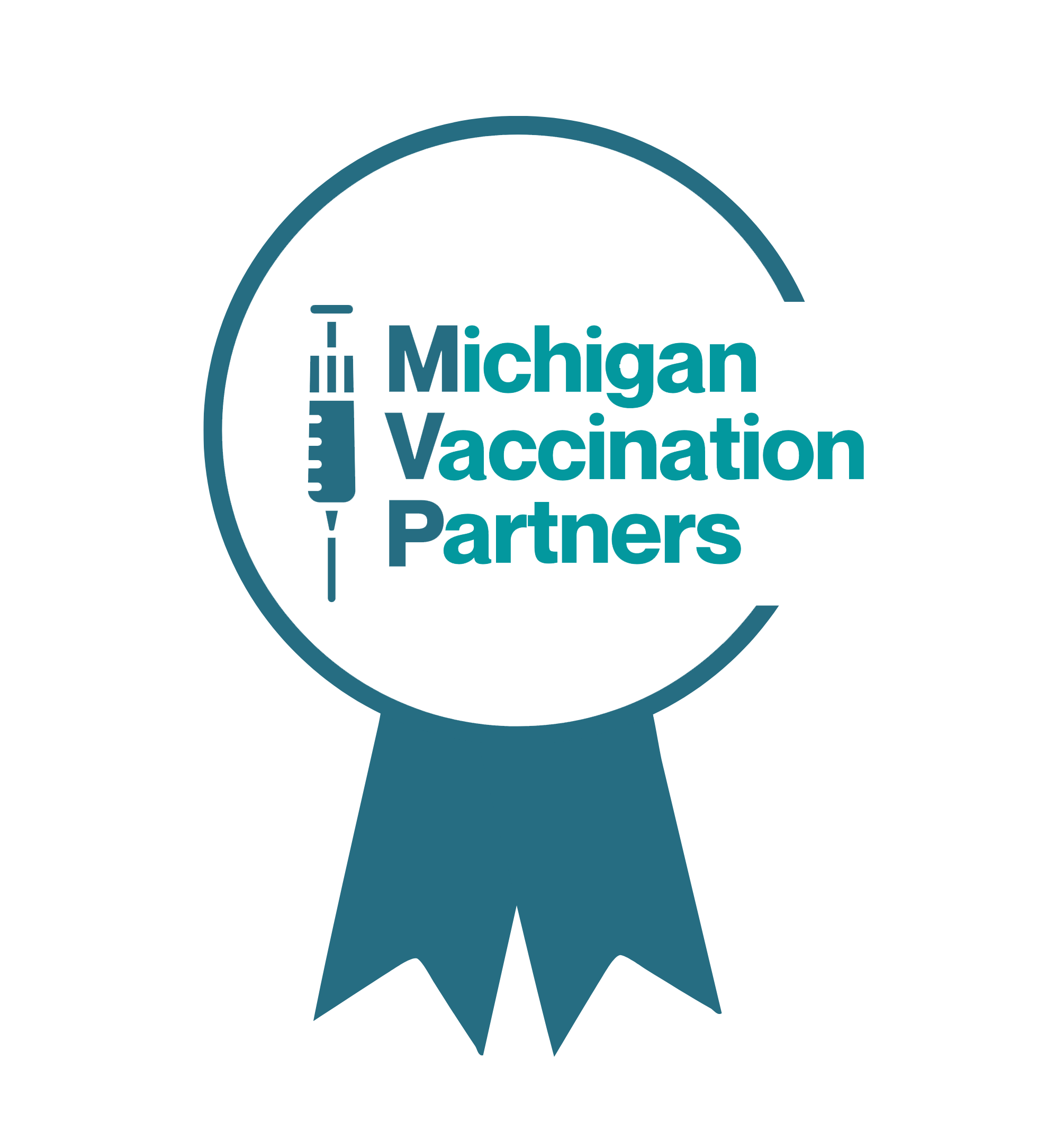 A logo for the Michigan Vaccination Partners. A blue and green ribbon with the words Michigan Vaccination partners written inside the center. An icon of a syringe is next to the words.