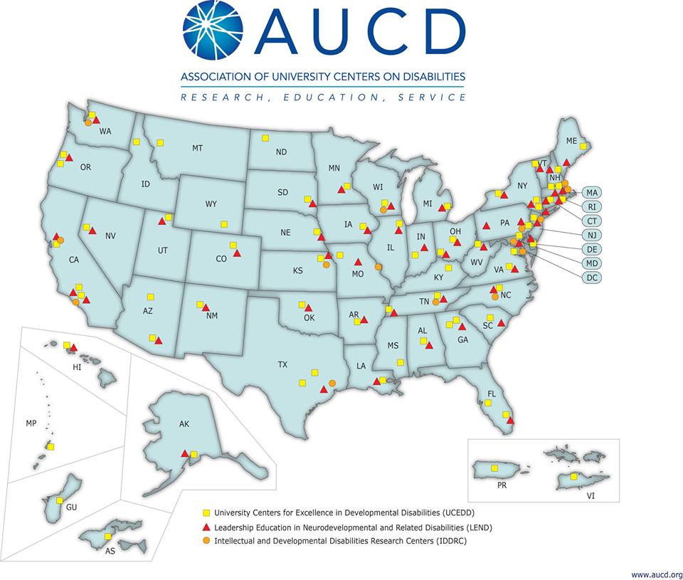 Map of United States of America. Dots and triangles indicate where LEND and UCEDD programs are in every state. Click on picture to visit AUCD's website.