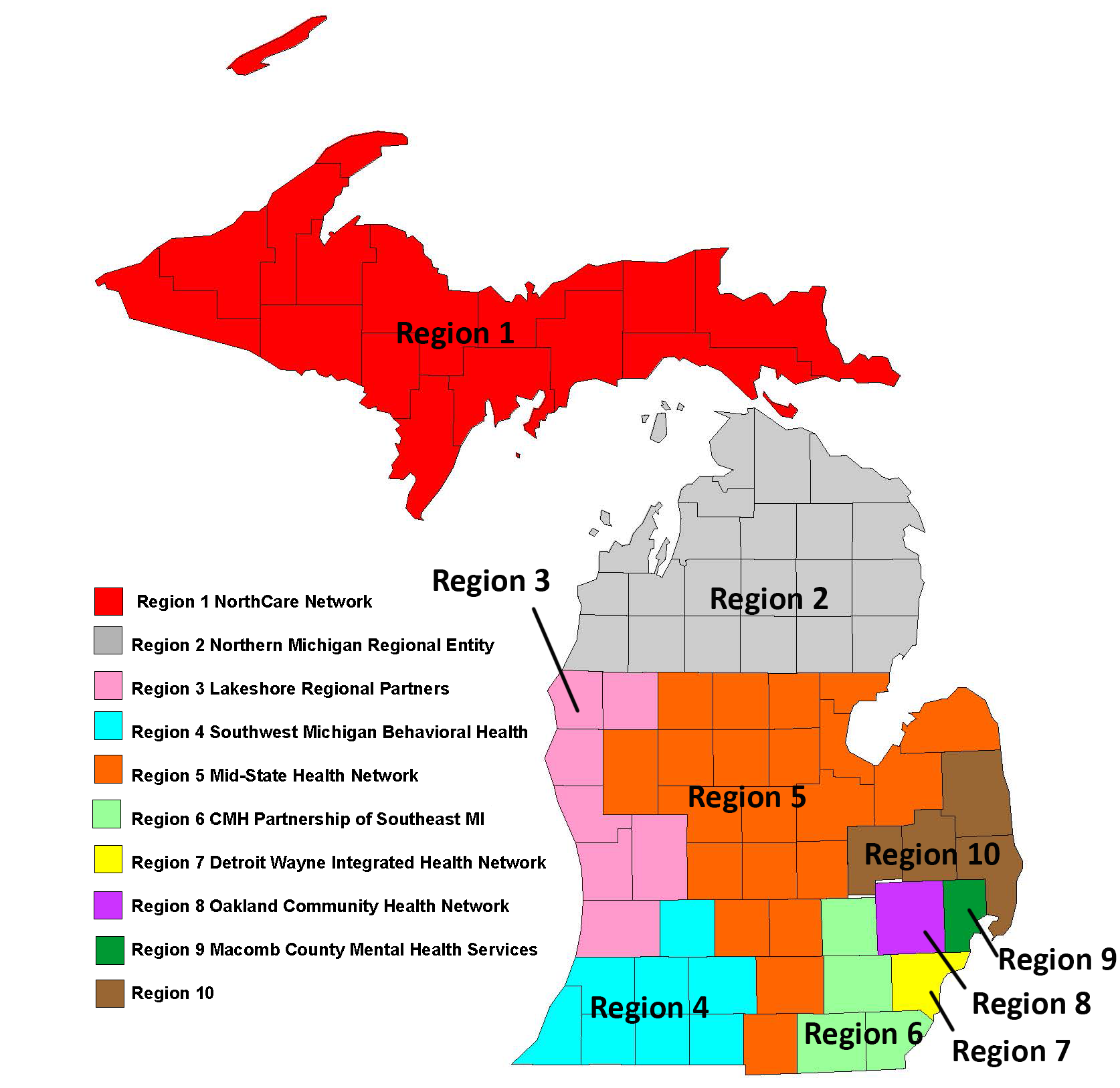 Visual description: Map of Michigan with colors indicating specific regions. Region 1 North Care Network is red, Region 2 Northern Michigan Regional Entity is gray, Region 3 Lakeshore Regional Partners is pink, Region 4 Southwest Michigan Behavioral Health is light blue, Region 5 Mid-State Health Network is orange, Region 6 CMH Partnership of Southeast Michigan is light green, Region 7 Detroit Wayne Integrated Health Network is yellow, Region 8 Oakland Community Health Network is purple, Region 9 Macomb County Mental Health Services is dark green, and Region 10 is brown.