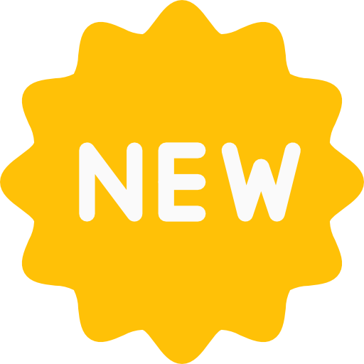 The word new inside of a yellow shape that resembles the sun.
