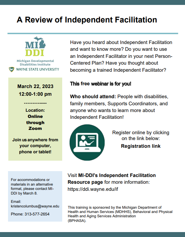 Picture of the flyer for a March 22, 2023 independent facilitation meeting.