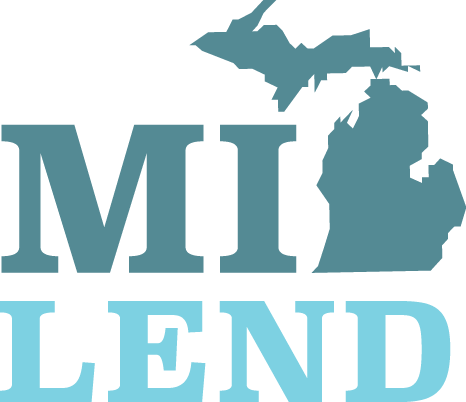 MI-LEND Logo. Blue letters spelling out MI-LEND with an outline of the state of Michigan.
