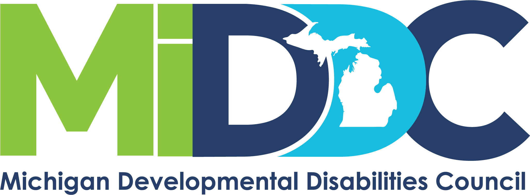 The letters M i D D C are in different colors with an outline of the state of Michigan place over the top of the second letter D. the words Michigan Developmental Disabilities Council are underneath the letters.
