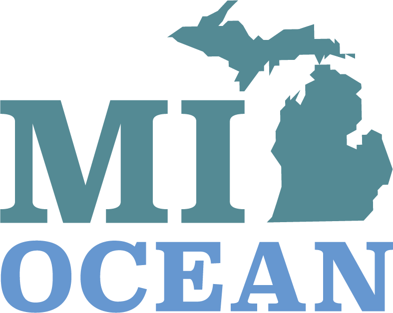 MI-OCEAN Logo. Blue and green colors with the acronym MI-OCEAN and an outline of the state of Michigan.