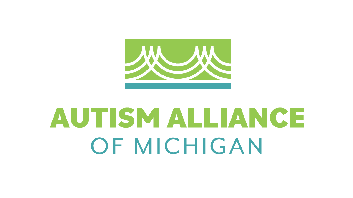Green and blue text reads Autism Alliance of Michigan. Above the text is an abstract image of a bridge.