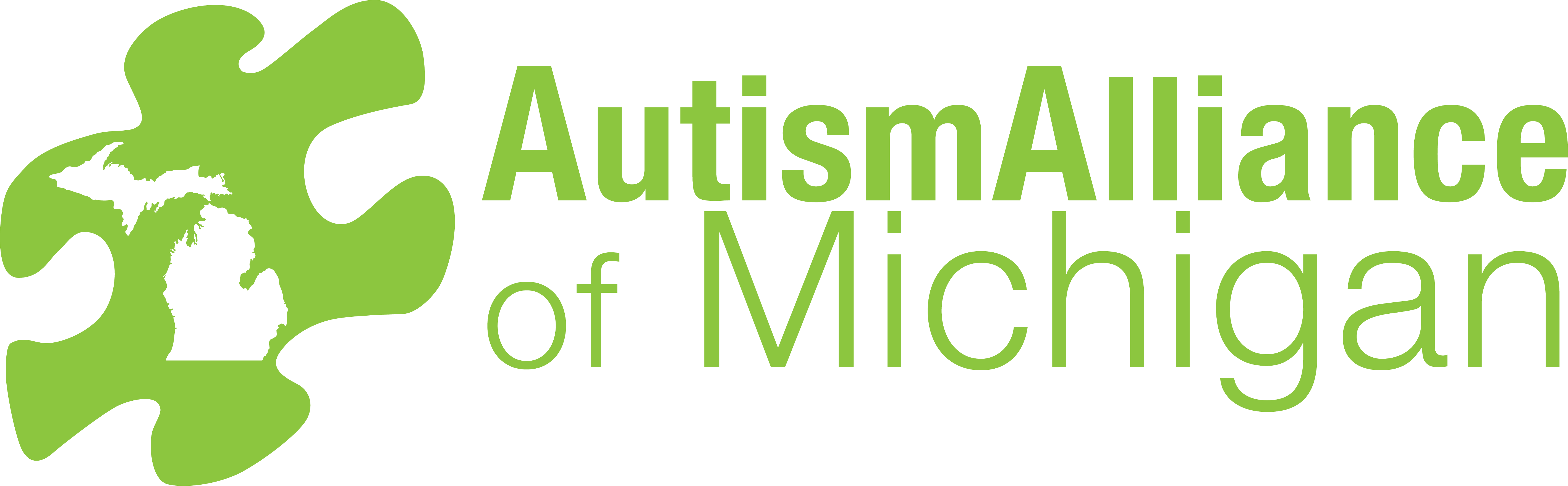 Green text reads, Autism Alliance of Michigan. This text is next to an image of a puzzle piece with the image of the state of Michigan inside of it.