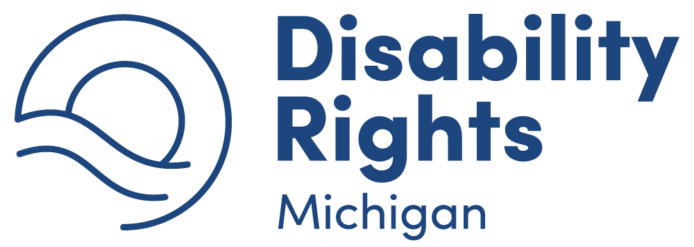 Navy blue text reads, Disabilities Rights Michigan. The text is next to a navy blue image of a sun over waves.