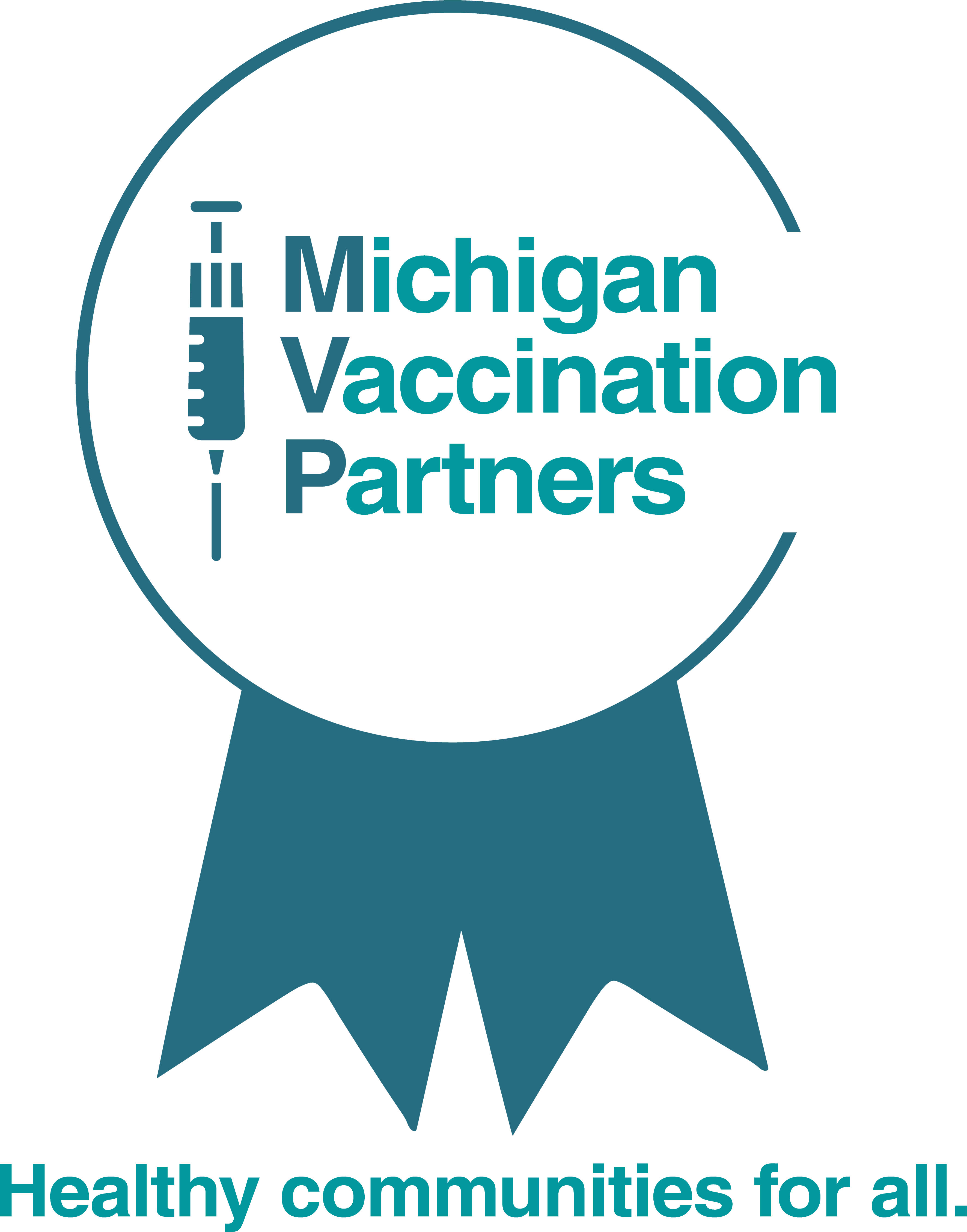 A blue ribbon with the words Michigan Vaccination Partners in the circle with a blue syringe logo next to it. At the bottom is written healthy communities for all.