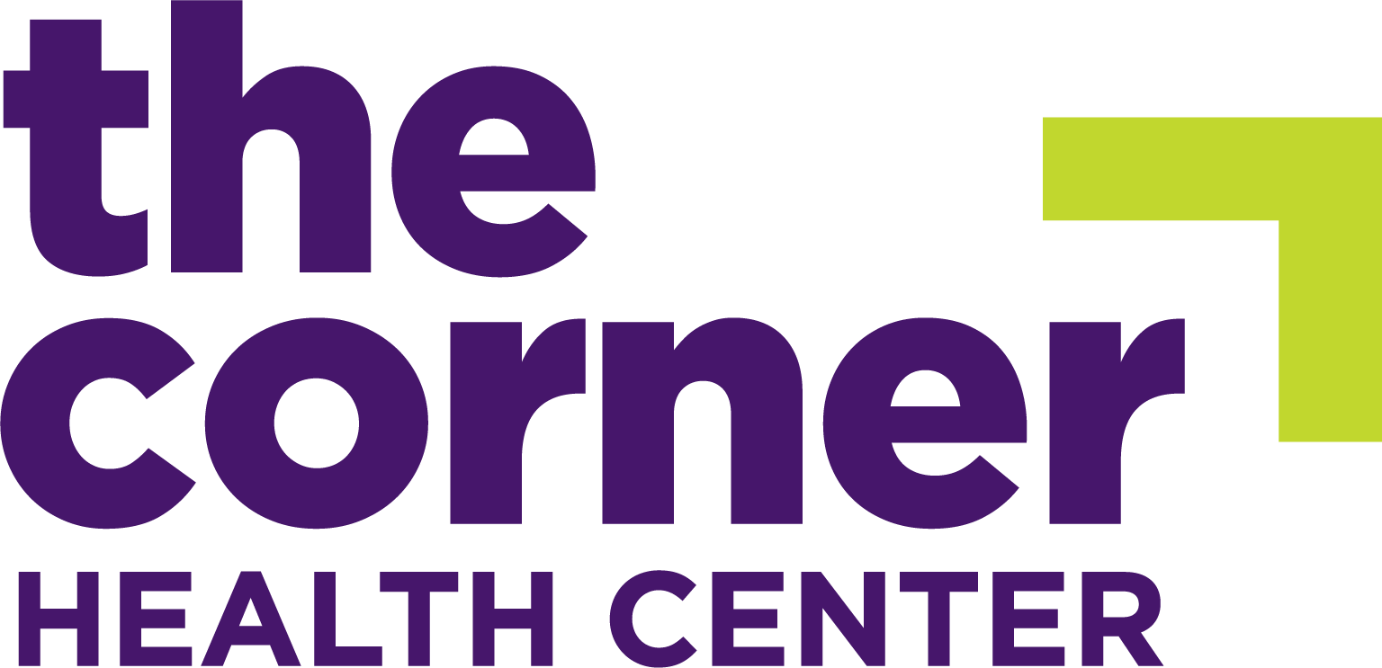 The Corner Health Center is written in purple text. There is a green, angled line in the top right corner.