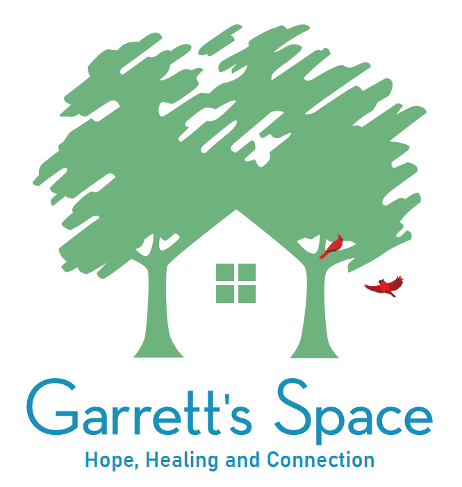 Garrett's Space logo. Two green trees next to each other with the outline of a house in-between. Underneath, it reads Garrett's Space: Hope, Healing, and Connection.