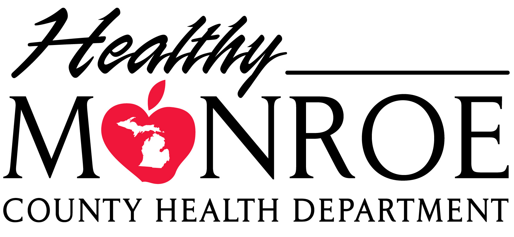 Healthy Monroe County Health Department logo. The words have a heart in the middle.
