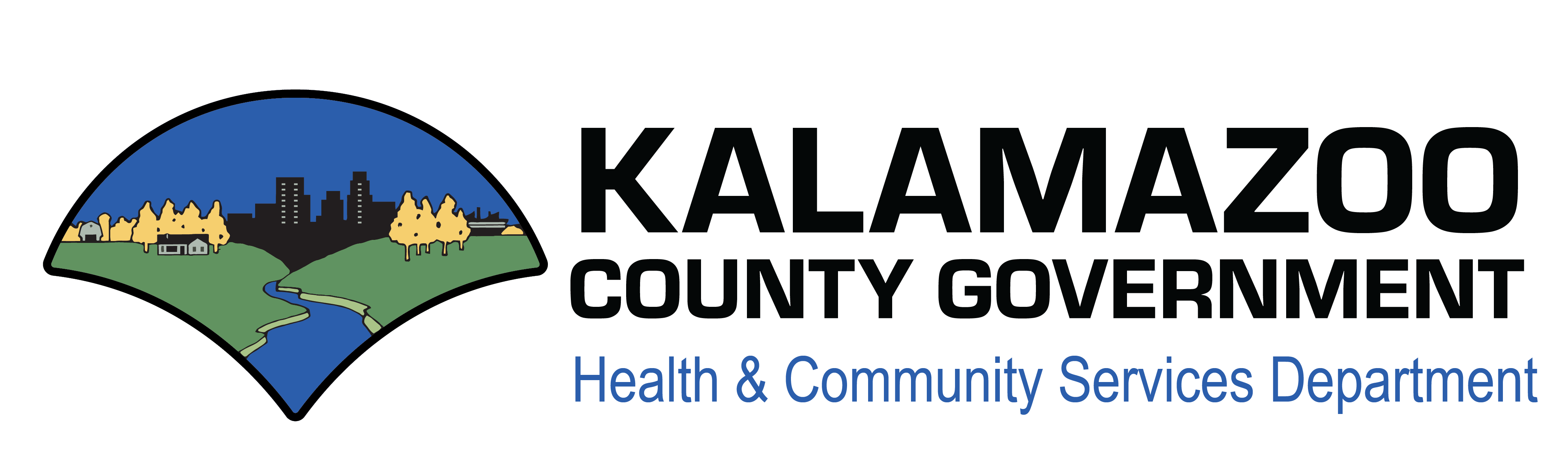 Logo reads Kalamazoo County Government Health & Community Services Department. There is a picture of a river that leads through a meadow to a city.