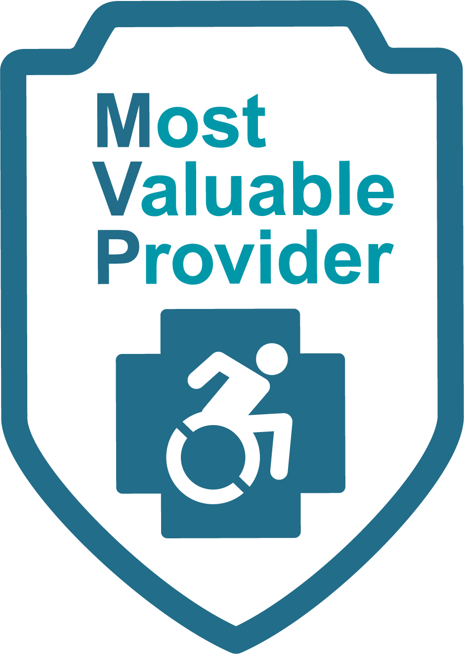 A blue outline of a shield with the words Most Valuable Provider on the inside. Underneath the words is a blue medical cross with a wheelchair icon on it.