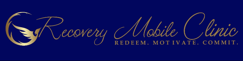 Blue rectangle shape. In gold letters, it reads Recovery Mobile Clinic: Redeem, Motivate, Commit.