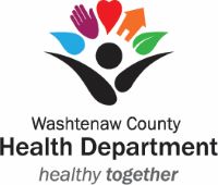 Washtenaw County Health Department - healthy together. The logo shows a stylized person with their arm open in the air. Above the person is a set of icons that include a water drop, a hand, a heart, a house, and a leaf.