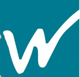 A white cursive letter 'W' on a blue background.