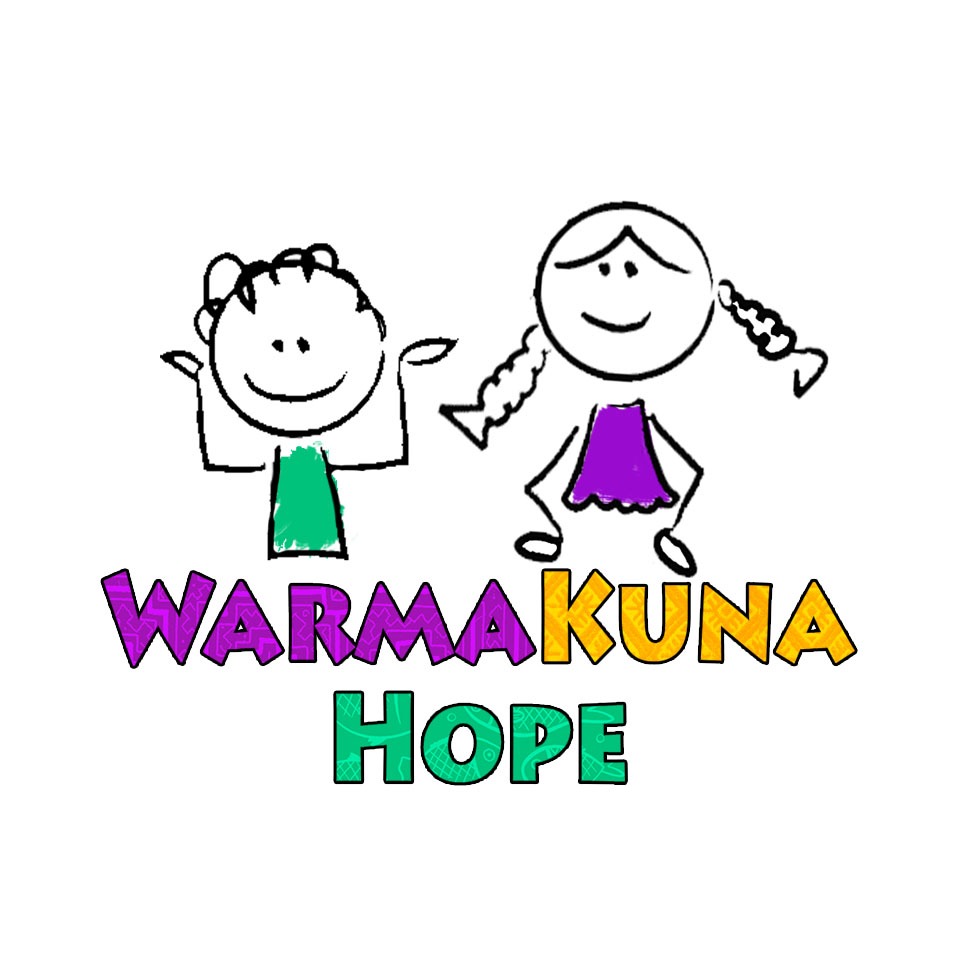 Logotipo de Warmakuna Hope. Muestra dos figuras de dibujos animados sonriendo. Los colores son morado, amarillo y verde.